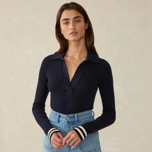 Faherty Shilo Stretch Cotton Cashmere Rib Navy Retro Stripe Long Sleeve Polo M